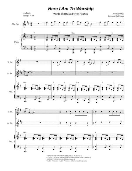 Here I Am To Worship Duet For Soprano And Alto Saxophone Sheet Music