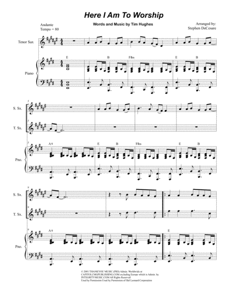 Free Sheet Music Here I Am To Worship Duet For Soprano And Tenor Saxophone