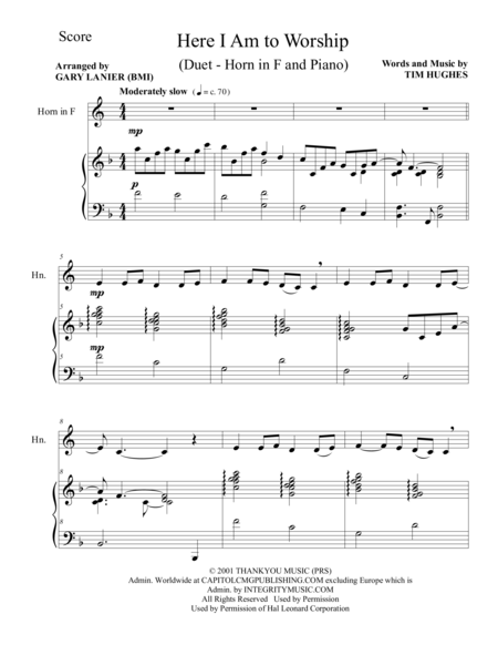 Free Sheet Music Here I Am To Worship Duet Horn In F And Piano Score And Parts