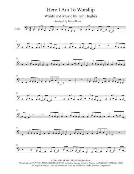 Free Sheet Music Here I Am To Worship Easy Key Of C Cello