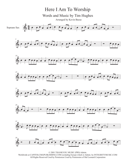 Here I Am To Worship Easy Key Of C Soprano Sax Sheet Music