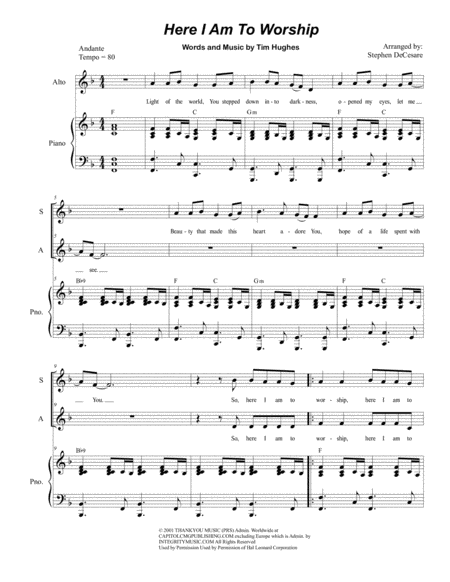 Free Sheet Music Here I Am To Worship For 2 Part Choir Sa