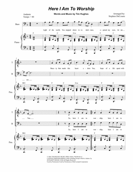 Free Sheet Music Here I Am To Worship For 2 Part Choir Tb