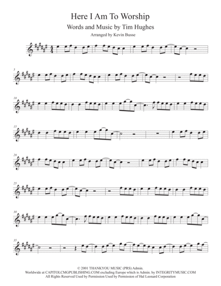 Here I Am To Worship Original Key Bari Sax Sheet Music