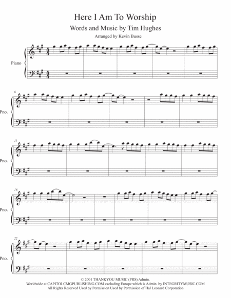 Here I Am To Worship Original Key Piano Sheet Music