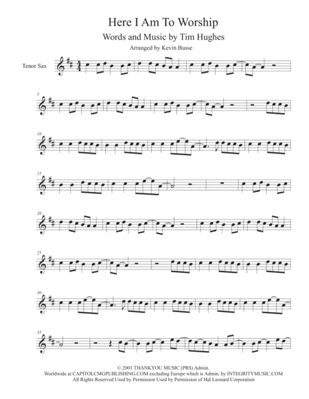 Here I Am To Worship Tenor Sax Sheet Music