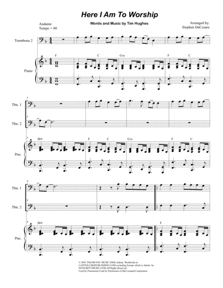 Here I Am To Worship Trombone Duet Sheet Music