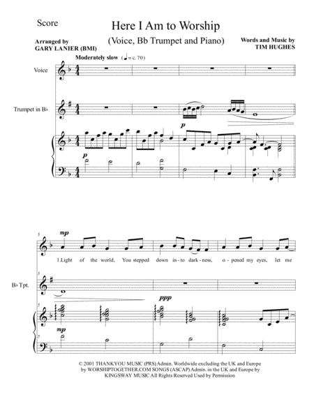 Free Sheet Music Here I Am To Worship Voice Bb Trumpet And Piano Score Parts