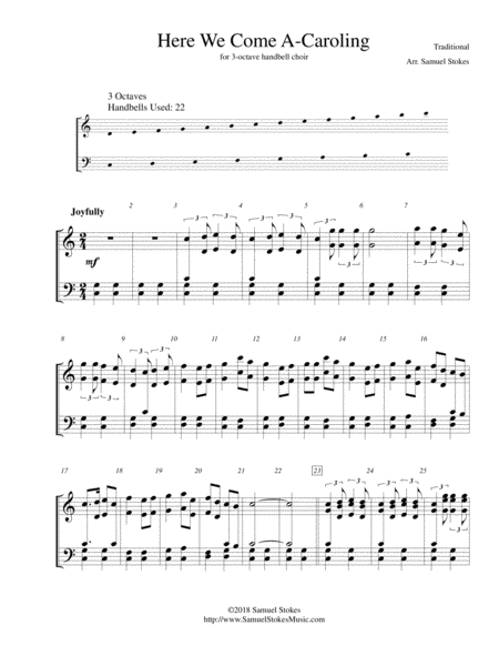 Here We Come A Caroling For 3 Octave Handbell Choir Sheet Music