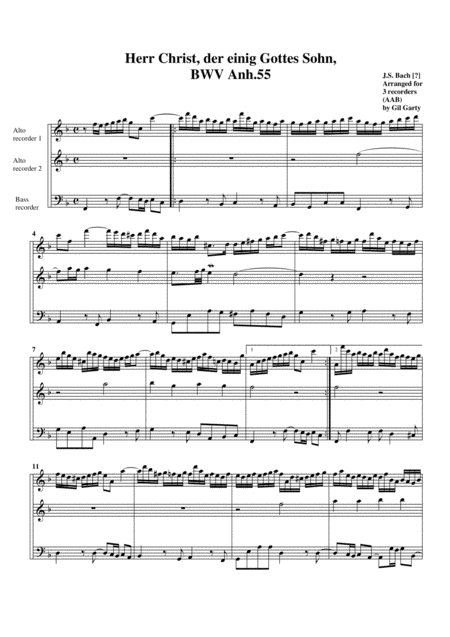 Herr Christ Der Einig Gottes Sohn Bwv Anh 55 Arrangement For 3 Recorders Sheet Music