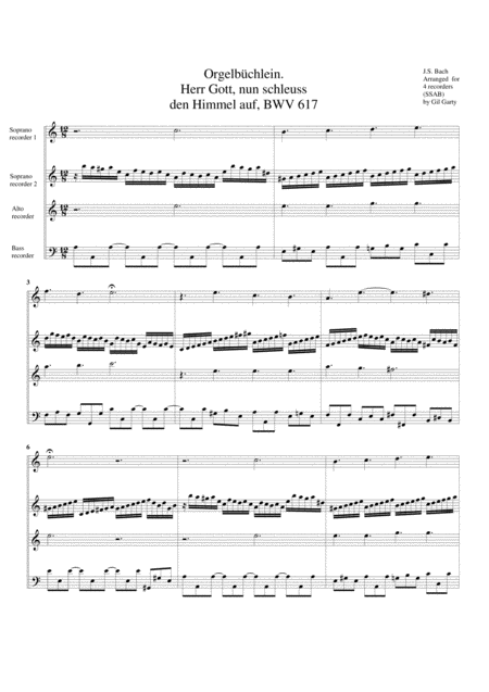 Herr Gott Nun Schleuss Den Himmel Auf Bwv 617 From Orgelbuechlein Arrangement For 4 Recorders Sheet Music