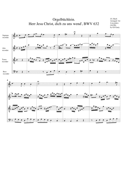 Herr Jesu Christ Dich Zu Uns Wend Bwv 632 From Orgelbuechlein Arrangement For 4 Recorders Sheet Music