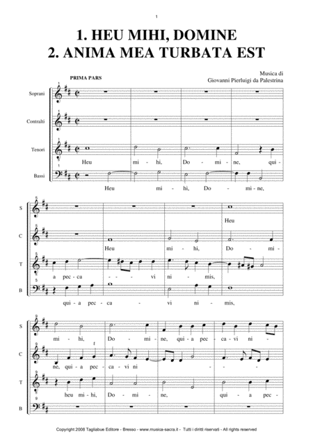 Heu Mihi Anima Turbata Est Mottetto For Satb Chorus Palestrina G Pl Sheet Music