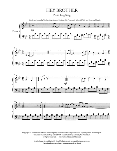 Hey Brother Short Piano Solo Avicii Sheet Music