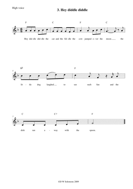 Hey Diddle Diddle Arranged For High Voice Medium Voice Or Low Voice With Guitar Chord Accompaniments Sheet Music