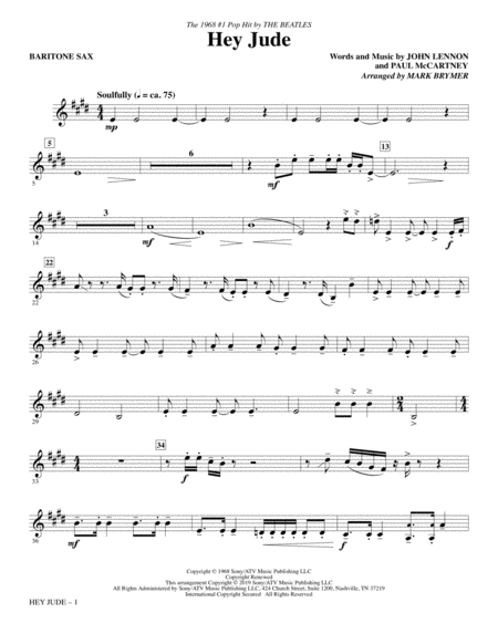 Hey Jude Arr Mark Brymer Baritone Sax Sheet Music