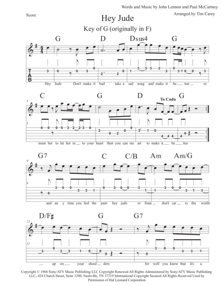 Hey Jude Easy Guitar Duet W Tab Sheet Music