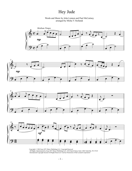 Free Sheet Music Hey Jude Easy Piano Solo