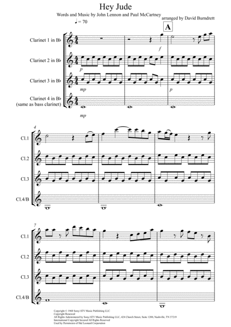 Hey Jude For Clarinet Quartet Sheet Music