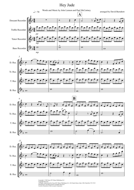 Free Sheet Music Hey Jude For Recorder Quartet