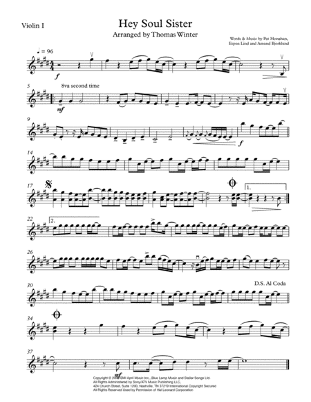 Hey Soul Sister String Quartet Trio Duo Or Solo Sheet Music