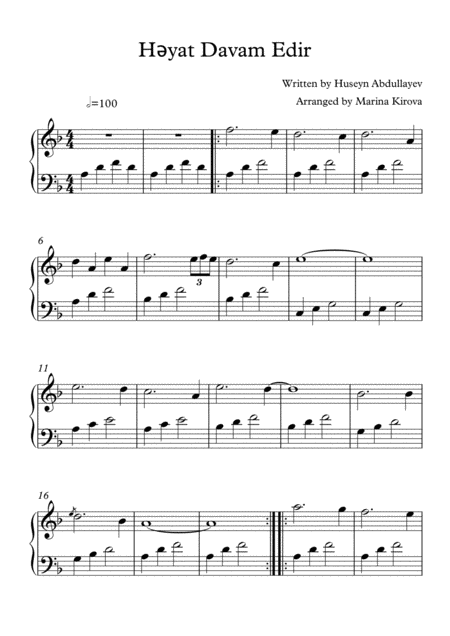 Free Sheet Music Heyat Davam Edir Huseyn Abdullayev Piano Easy To Read