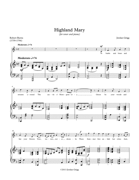 Free Sheet Music Highland Mary For Tenor And Piano