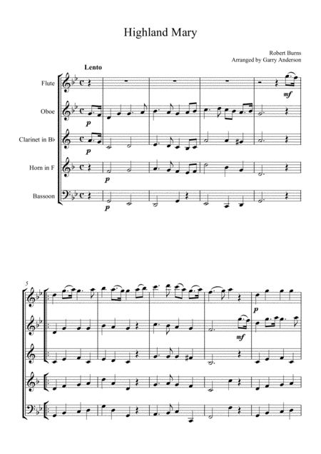 Highland Mary For Wind Quintet Sheet Music