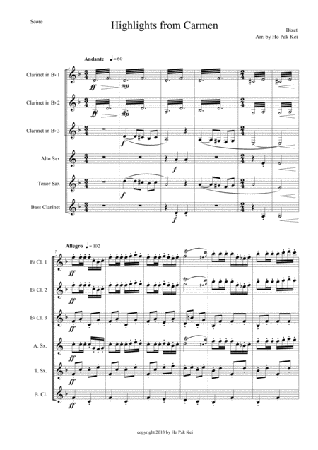 Highlights From Carmen For 3 Clarinets Alto Sax Tenor Sax Bass Clarinet Sheet Music