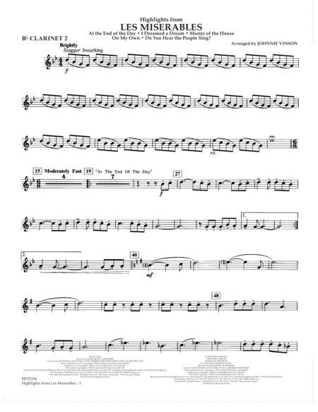 Free Sheet Music Highlights From Les Misrables Arr Johnnie Vinson Bb Clarinet 2