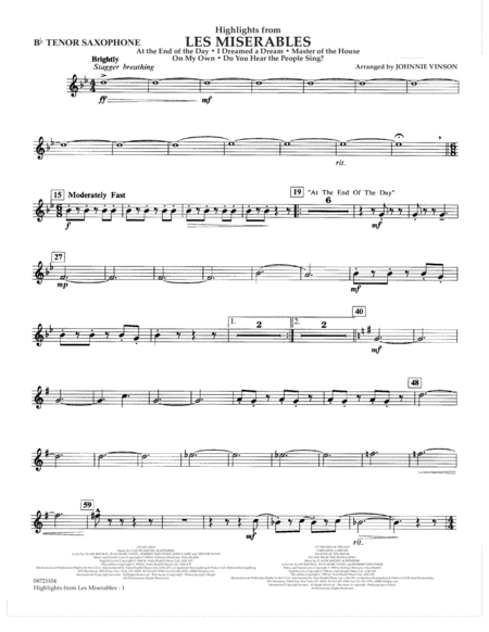 Free Sheet Music Highlights From Les Misrables Arr Johnnie Vinson Bb Tenor Sax