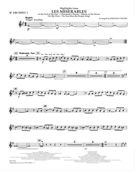 Free Sheet Music Highlights From Les Misrables Arr Johnnie Vinson Bb Trumpet 3