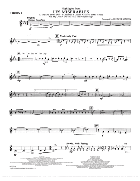 Free Sheet Music Highlights From Les Misrables Arr Johnnie Vinson F Horn 1