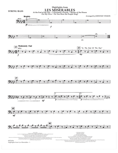 Highlights From Les Misrables Arr Johnnie Vinson String Bass Sheet Music