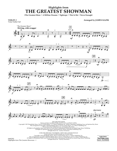 Free Sheet Music Highlights From The Greatest Showman Arr James Kazik Violin 3 Viola Treble Clef
