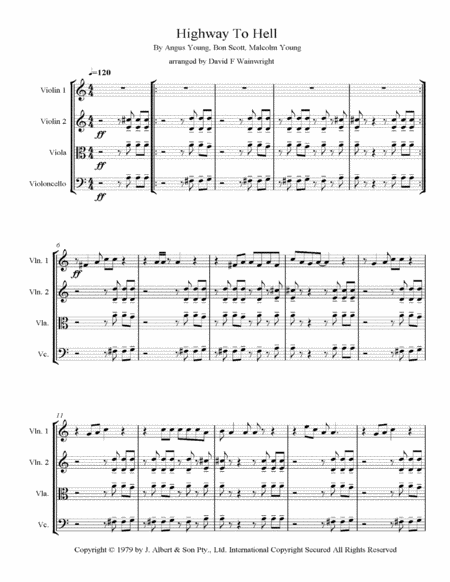 Free Sheet Music Highway To Hell Arranged For String Quartet With Rehearsal Letters Score Parts Mp3