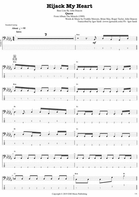 Hijack My Heart Queen John Deacon Complete And Accurate Bass Transcription Whit Tab Sheet Music