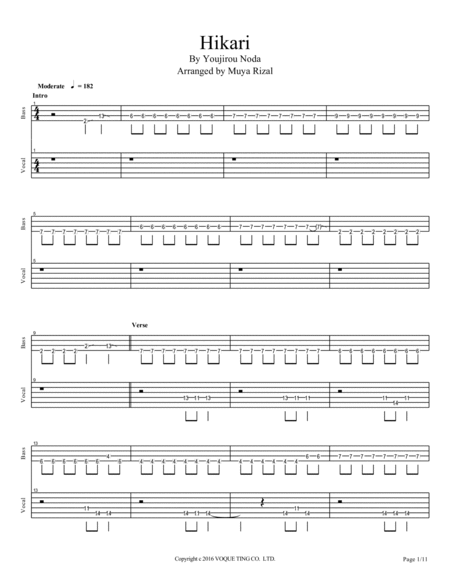 Hikari Radwimps Bass Vocal Tab Sheet Music