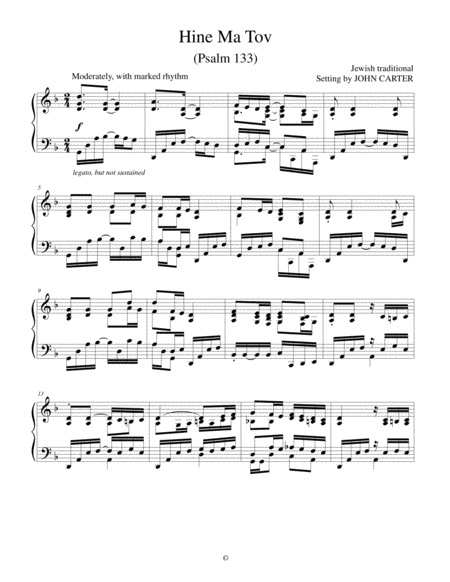 Hine Ma Tov A Jewish Traditional Tune Setting Of Psalm 133 Sheet Music