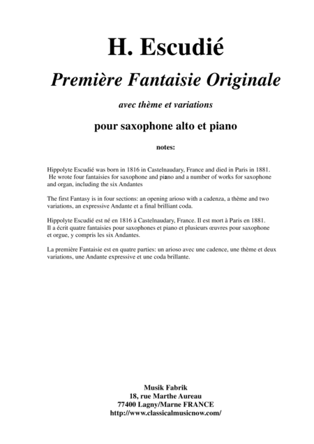 Free Sheet Music Hippolyte Escudi Premire Fantaisie Originale For Alto Saxophone And Piano