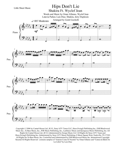 Hips Dont Lie Easy Piano Sheet Music