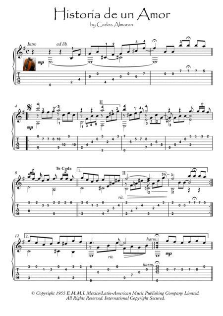 Historia De Un Amor Love Story Guitar Solo Fingerstyle Sheet Music