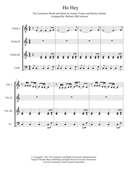 Ho Hey For String Quartet 3 Violin Cello Sheet Music