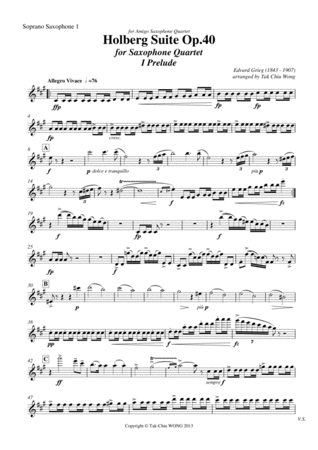 Holberg Suite Arranged For Saxophone Ensemble Octet Parts Only Sheet Music