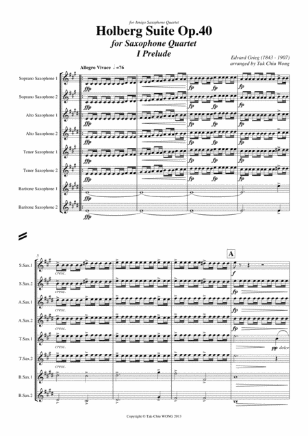 Holberg Suite Arranged For Saxophone Ensemble Octet Score Only Sheet Music