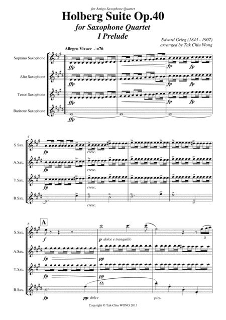 Holberg Suite Arranged For Saxophone Quartet Score And Parts Sheet Music