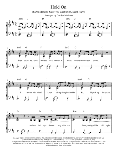 Hold On Intermediate Piano Sheet Music