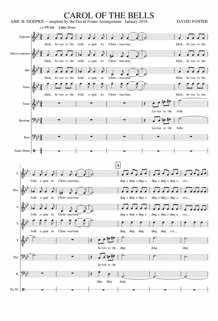 Holiday Piece Carol Of The Bells Based On The David Foster Instrumental Version Sheet Music