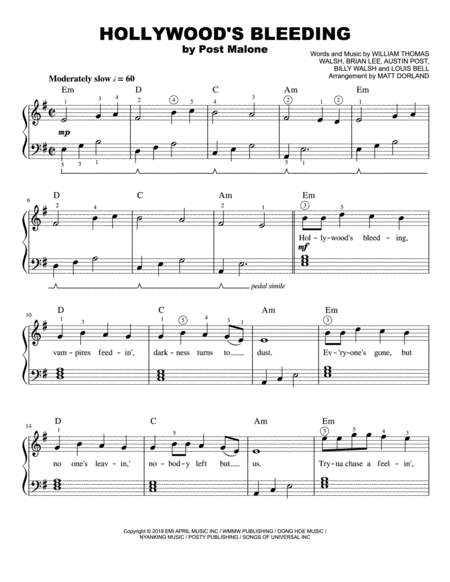 Hollywoods Bleeding Easy Piano Sheet Music