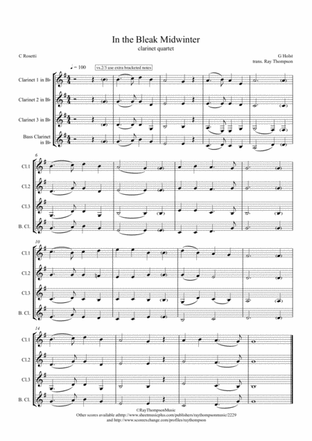 Free Sheet Music Holst In The Bleak Midwinter Clarinet Quartet